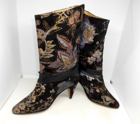 Bohemian Chic Black Velvet Boots Embossed with Fl… - image 2