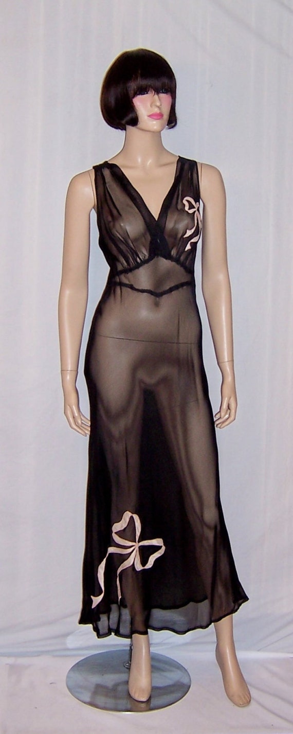 Sheer Black 1930's Negligee with Pink Satin Bow Ap