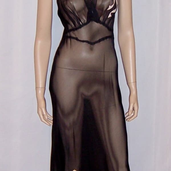 Sheer Black 1930's Negligee with Pink Satin Bow Appliques