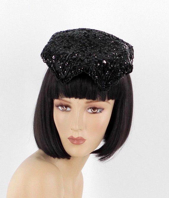 Black Beaded and Sequined Evening Hat by H.B. Bur… - image 3