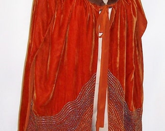 1920's Burnt Sienna Silk Velvet, Beaded Opera Cape/Cloak with Fur Collar