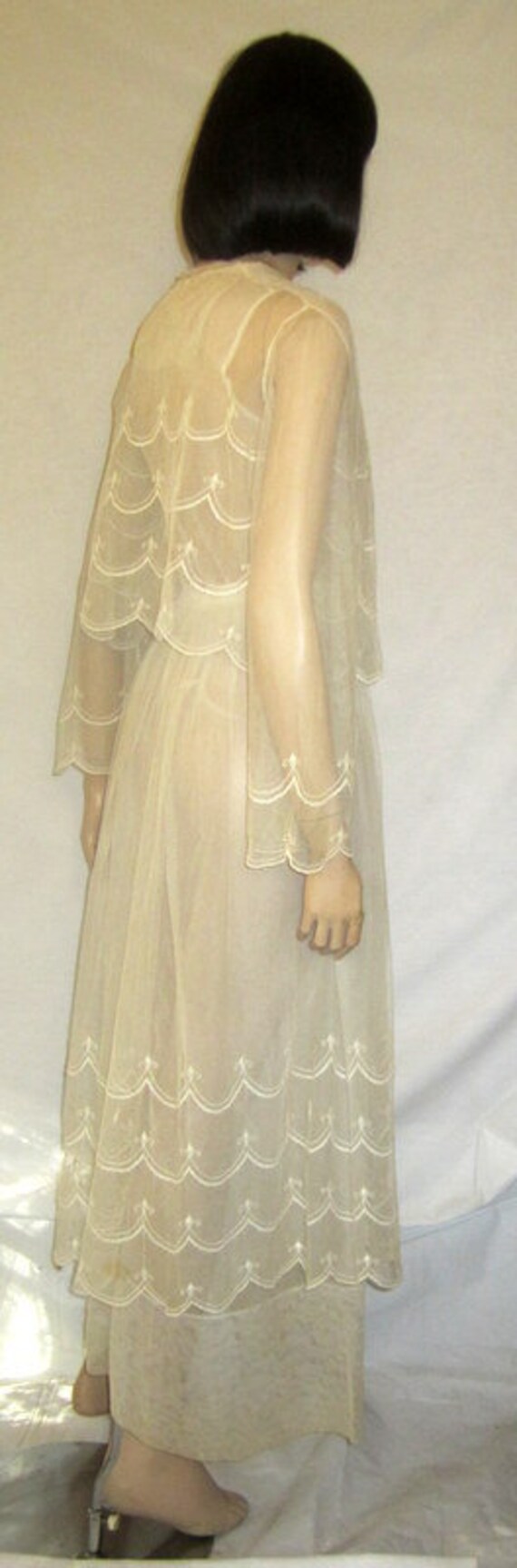 White Edwardian Tea Gown on Netting with Embroide… - image 4