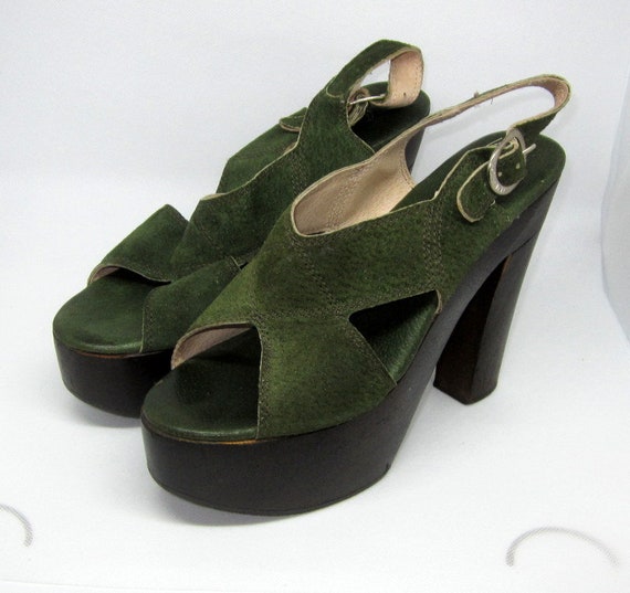 Authentic 1970's Green Suede and Wooden Platform S