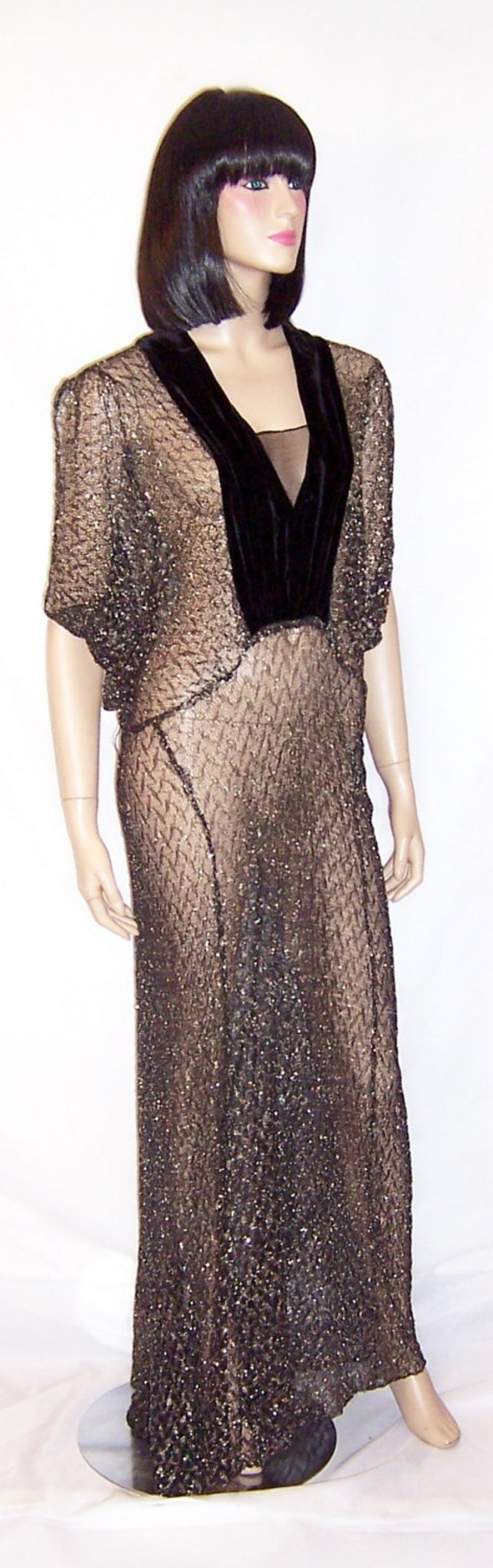 1930's Black & Silver Metallic Lace Gown with Velv