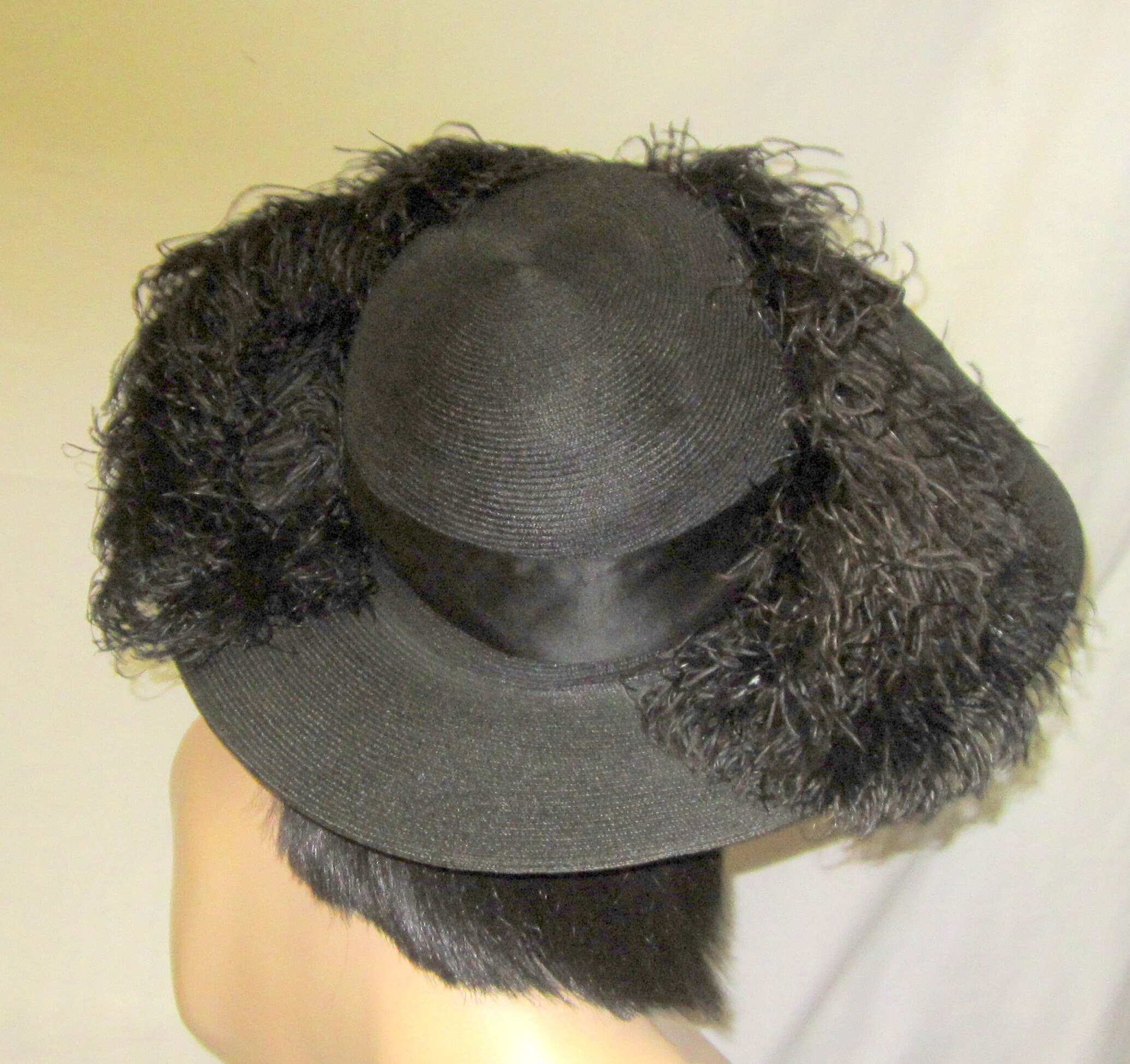 Vintage Black Straw Hat With Wide Brim, Satin Ribbon, and  display picture 2