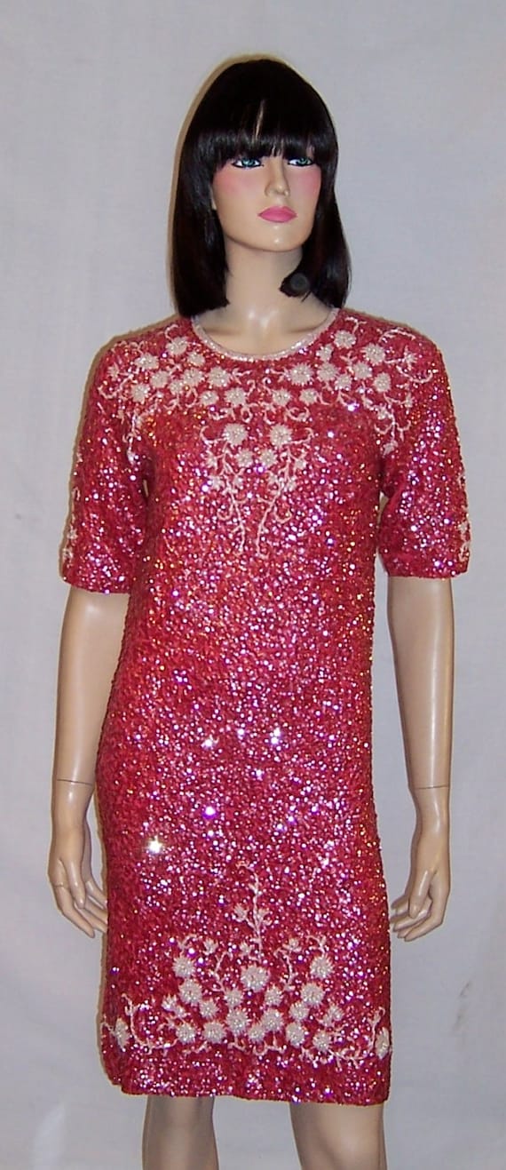 1960's Coral Sequinned and White Beaded Dress-Mad… - image 1