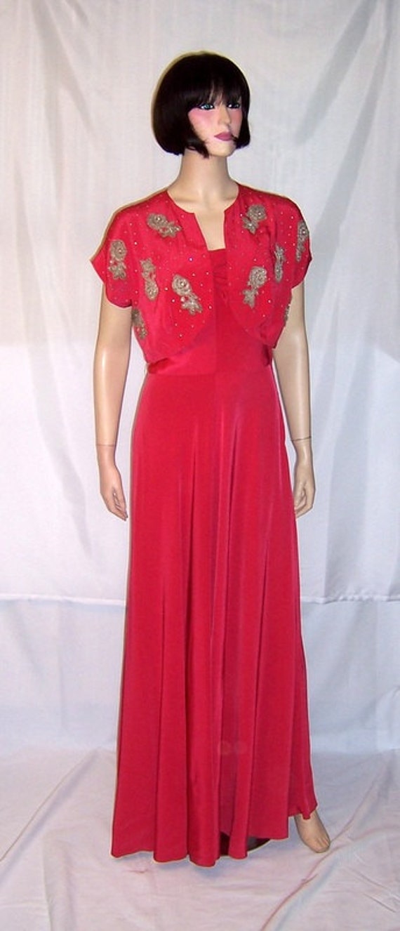 Early 1940's Cerise Red Sleeveless Gown with Embel