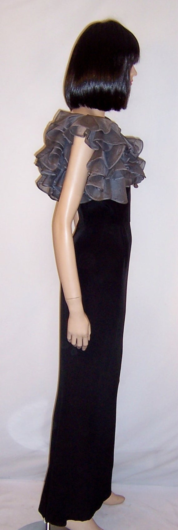 Late 1930's Black Gown with Gray Organdy Ruffled … - image 2