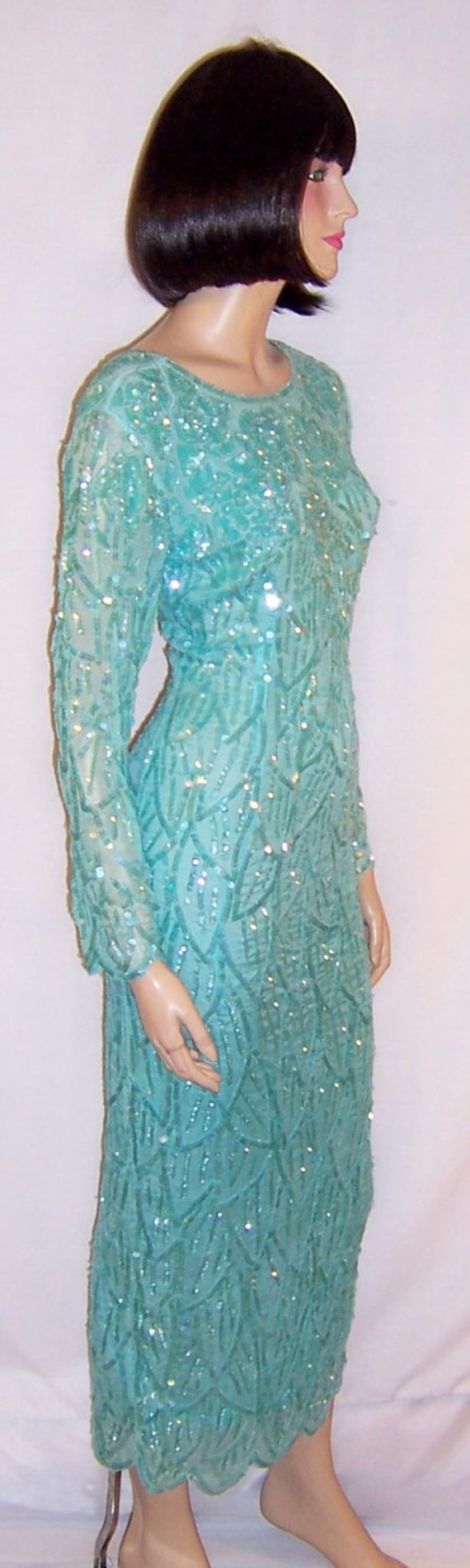 Pale Turquoise Sequined and Beaded Gown - image 2