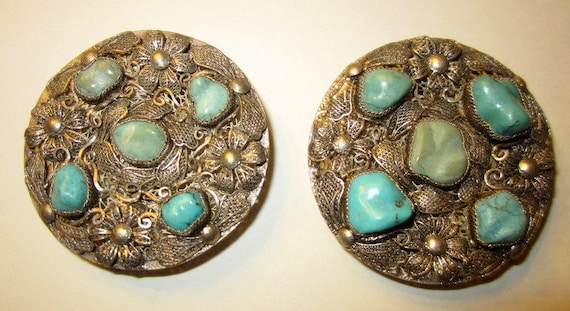 Antique Matching Pair of Chinese Turquoise and Si… - image 1