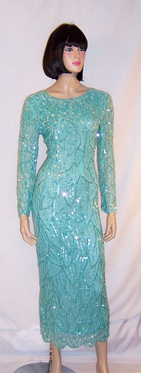 Pale Turquoise Sequined and Beaded Gown