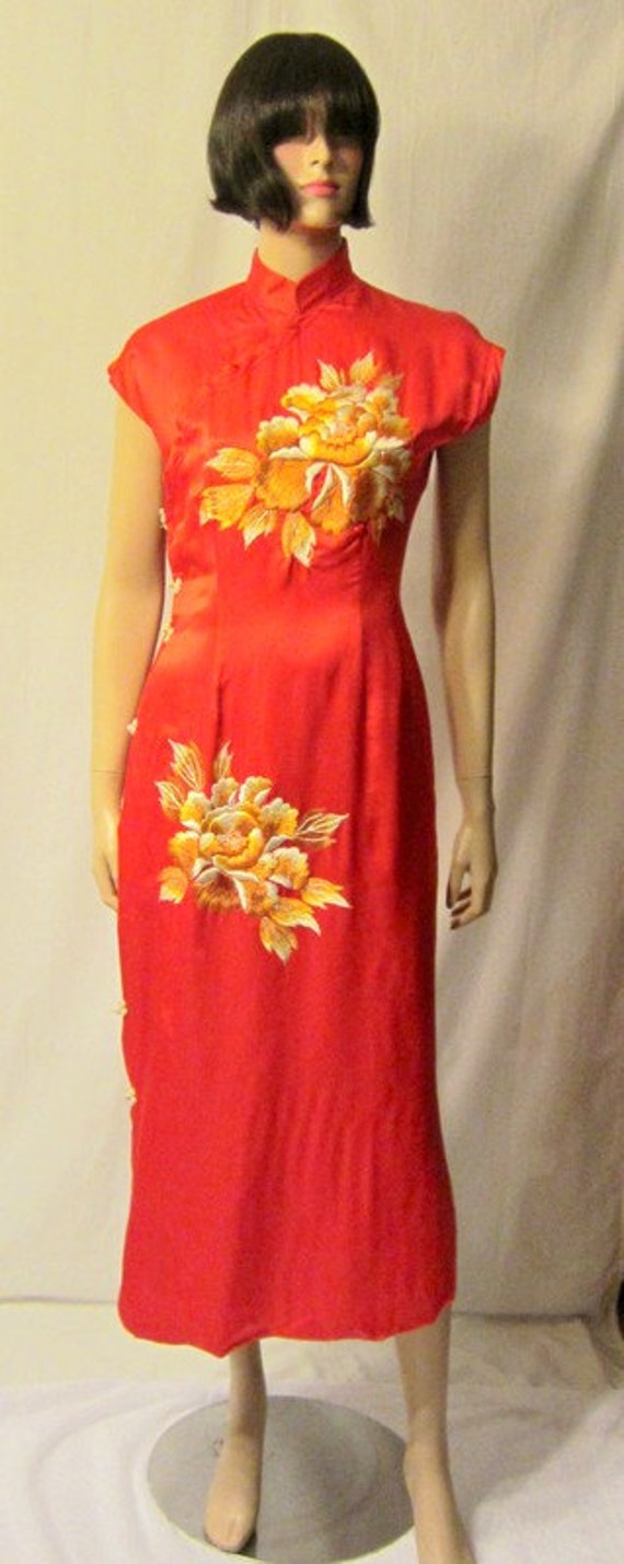 1930's Red Japanese Cheongsam Hand-Embroidered wi… - image 1