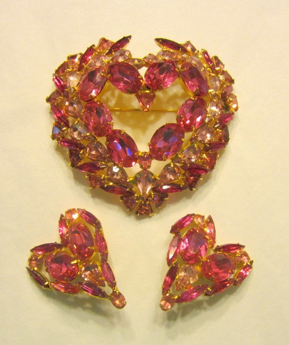 Over-Sized and Impressive Pink Heart Brooch and Ea