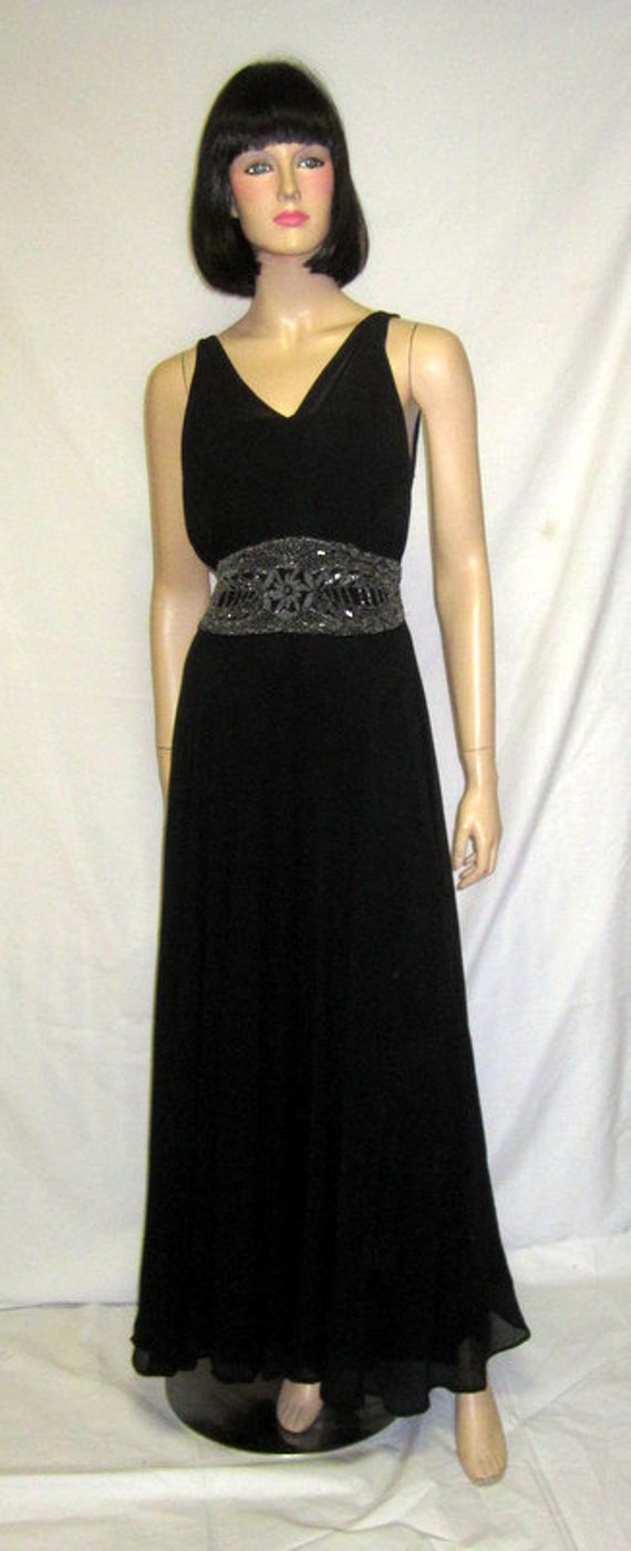 Exquisite 1930's Black Chiffon Gown with Beaded Wa