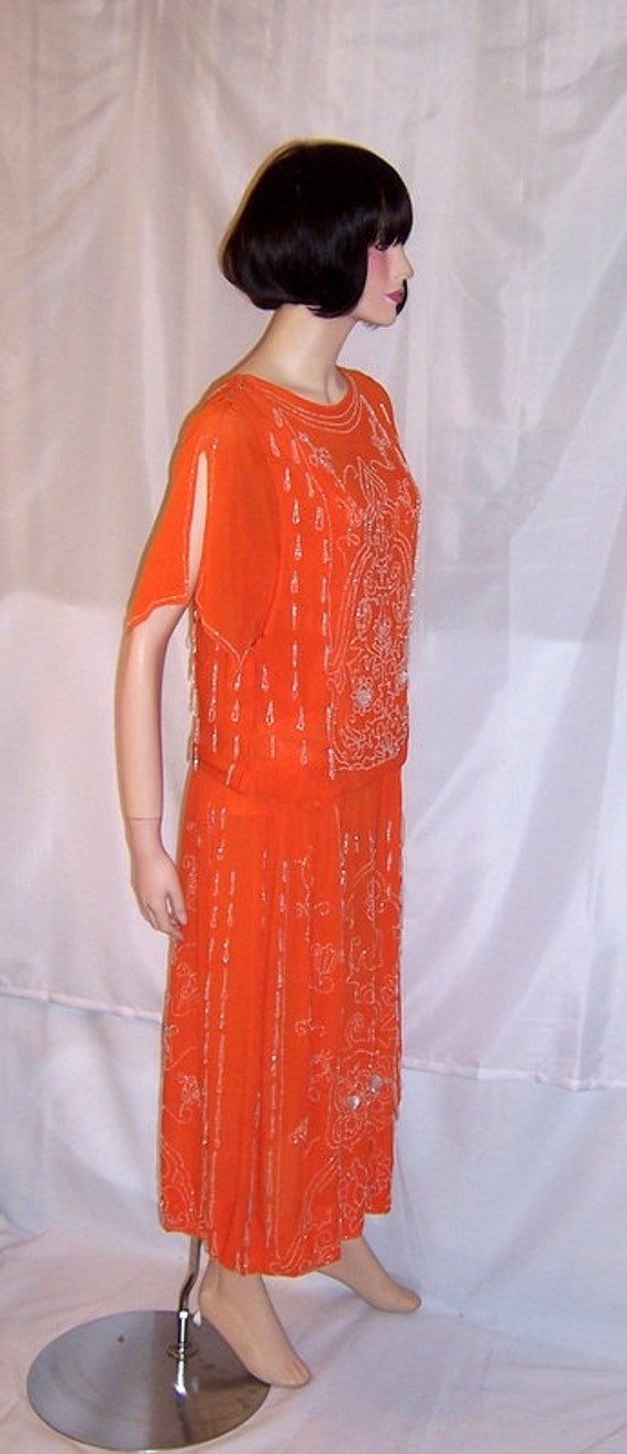 Early 1920's Vivid Orange Gown with White Beadwor… - image 2