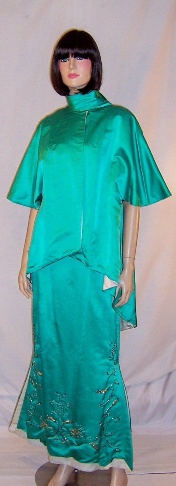 Viridian Green Beaded Gown and Jacket Ensemble-Original Bernetti New York