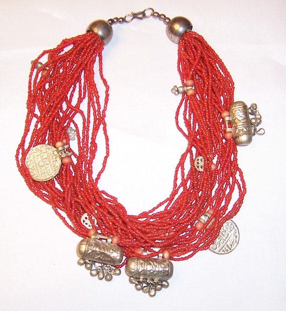 25 Strand, Ethnic, Coral Colored Beaded Choker