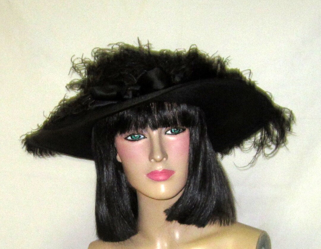 Vintage Black Straw Hat With Wide Brim, Satin Ribbon, and  display picture 3