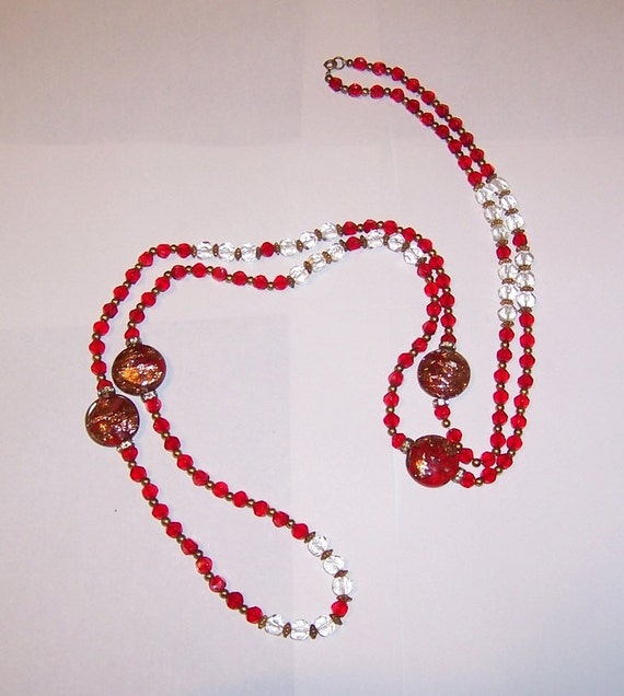 Extra-Long Ruby and Clear Crystal and Ruby Glass … - image 1