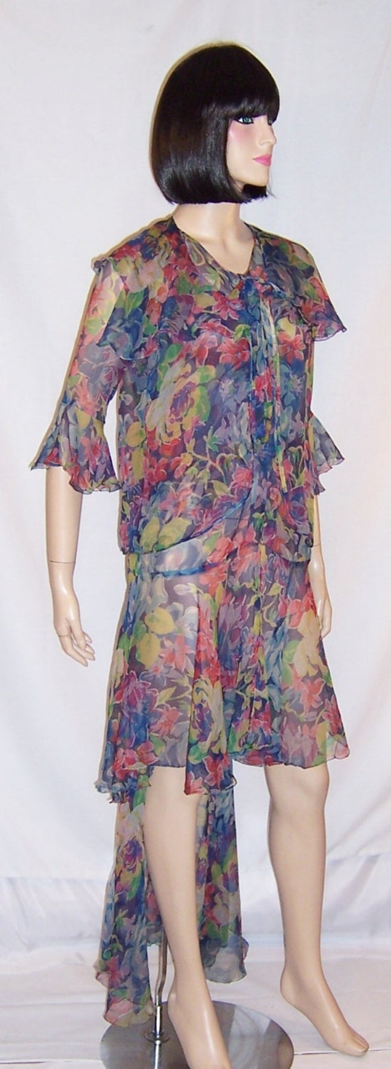 Art Deco Blue Floral Printed Chiffon Fishtail Gown - image 1