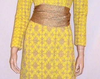 1960's Louis Feraud-Yellow and Gold Metallic Maxi-Dress