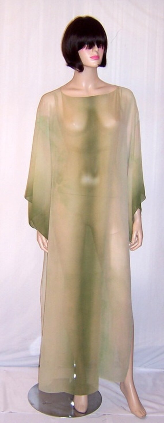 1920's Hand-Dyed, Moss Green, Silk Chiffon Caftan