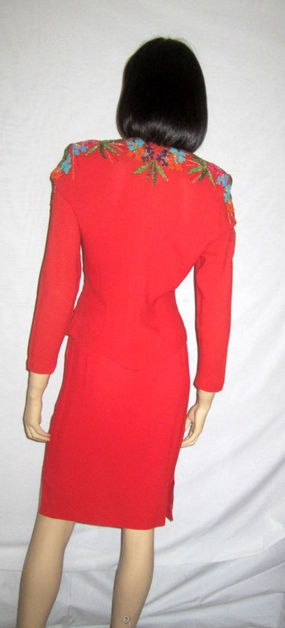 1940's Tomato Red, Multi-Colored Beaded Suit by "… - image 3