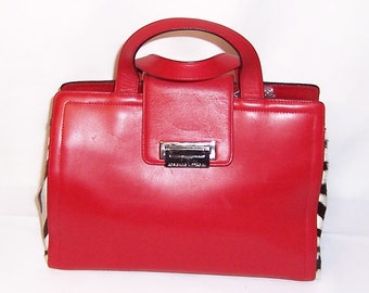 Adrienne Vittadini-Red Leather and Pony Skin Printed Zebra Handbag