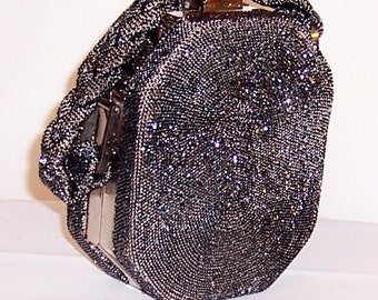 1940's Charcoal Gray Glass Beaded Handbag with Silver-Toned Frame