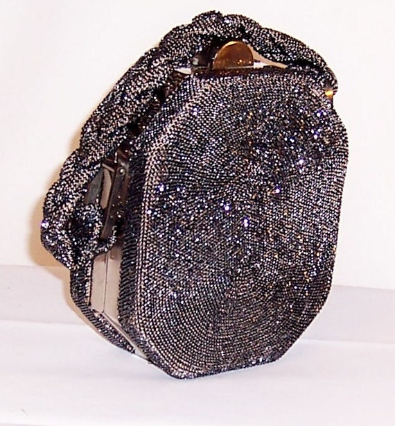 1940's Charcoal Gray Glass Beaded Handbag with Sil