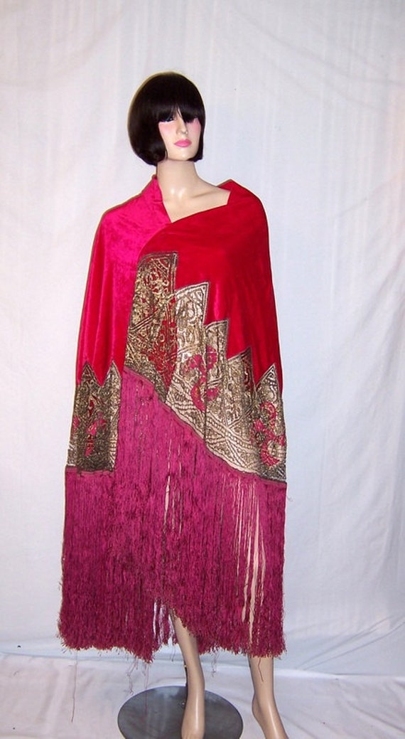 1920's Cerise-Colored Silk Velvet Shawl with Meta… - image 1