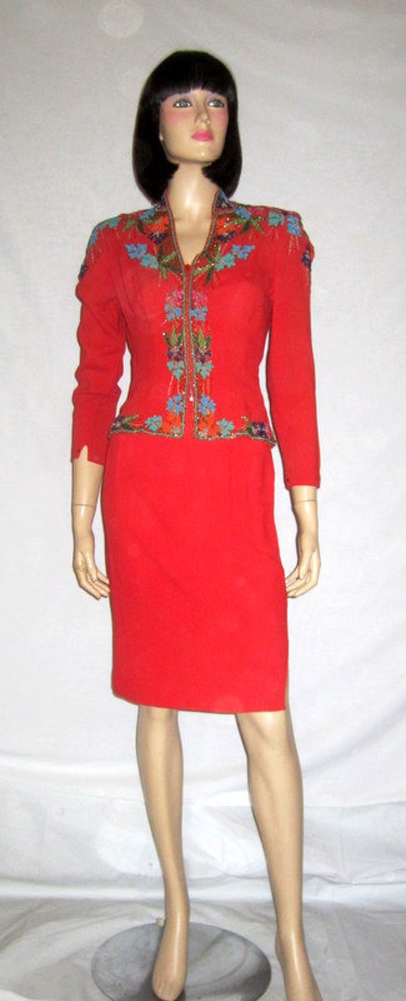 1940's Tomato Red, Multi-Colored Beaded Suit by "… - image 1