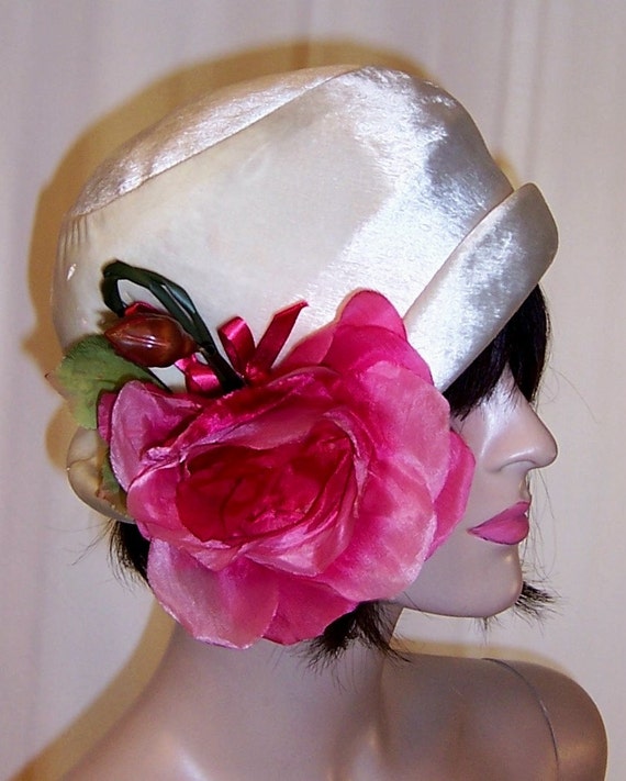 Handsome White Silk Velvet Hat/ Chapeau with Over-