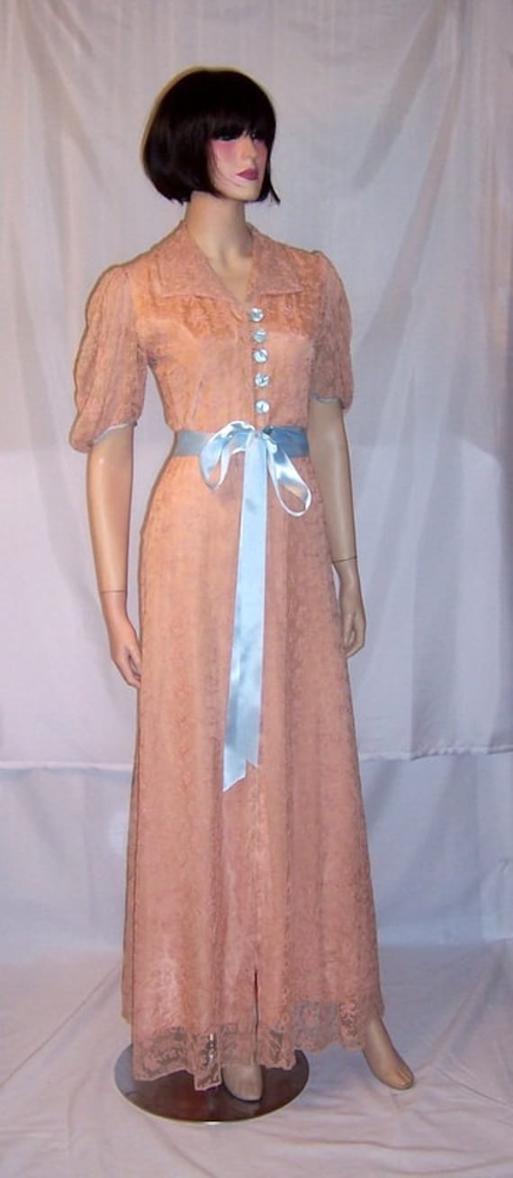 1940's Pink Lace Peignoir with Pale Blue Accents