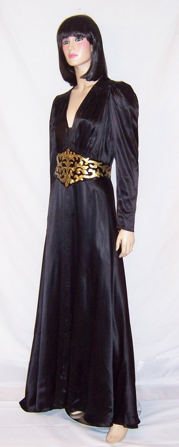 1940's Black Charmeuse Gown with Gold Leather App… - image 2