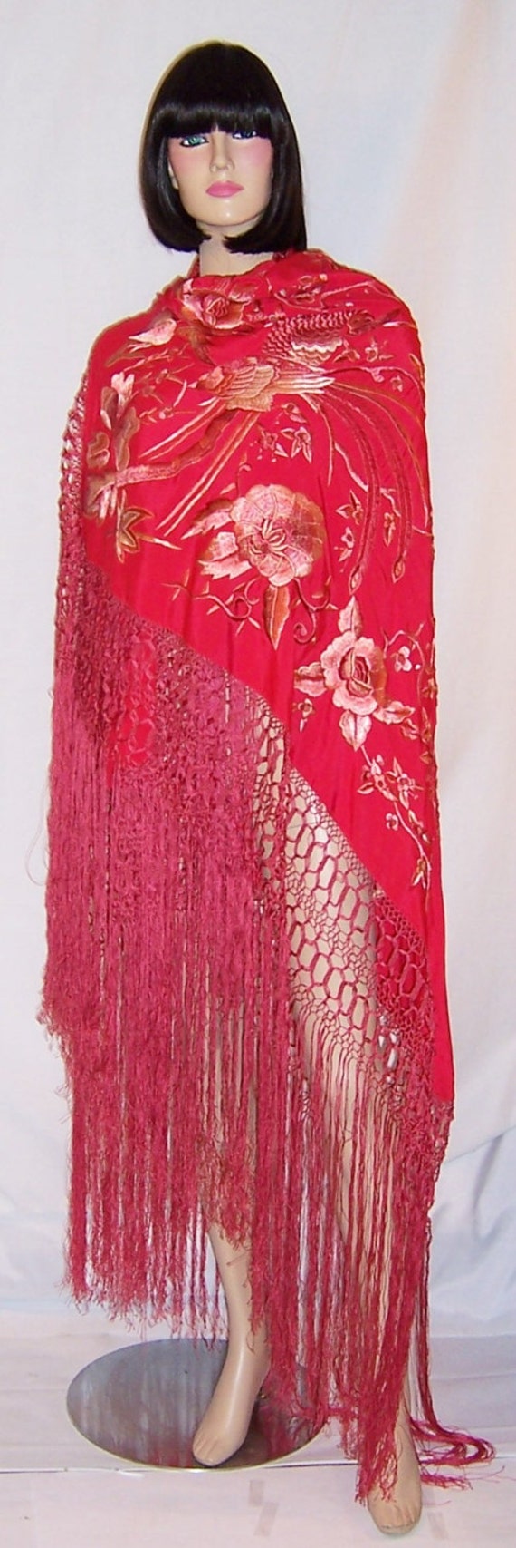 Early 20th Century, Red Canton Silk Hand-Embroider