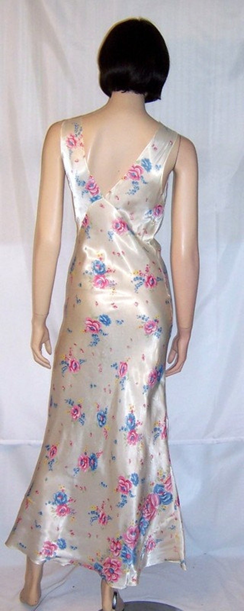 1930's White Satin Negligee with Printed Floral designs image 4