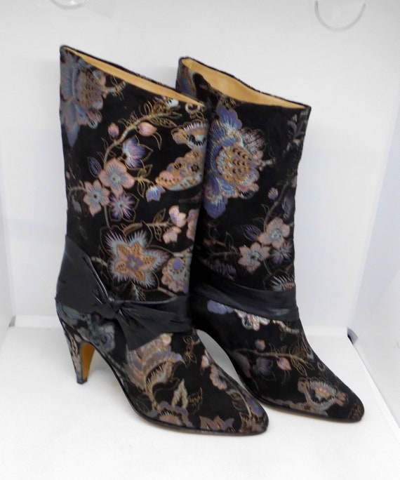 Bohemian Chic Black Velvet Boots Embossed with Fl… - image 3