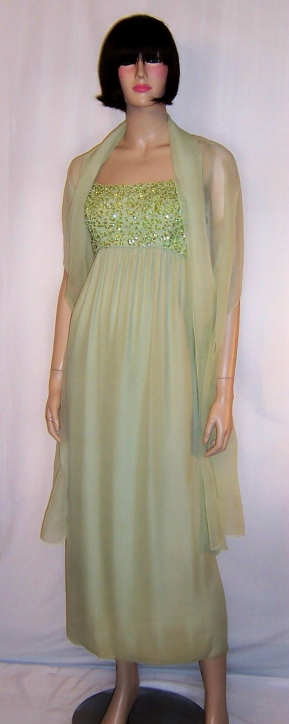 Pale Green Chiffon Gown with Sequined and Beaded … - image 1