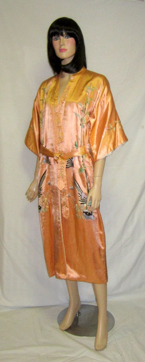 Apricot Chinese Embroidered Robe with Birds and Pe