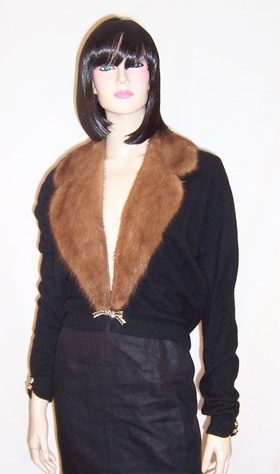 1950's Black Evening Sweater with Mink Collar