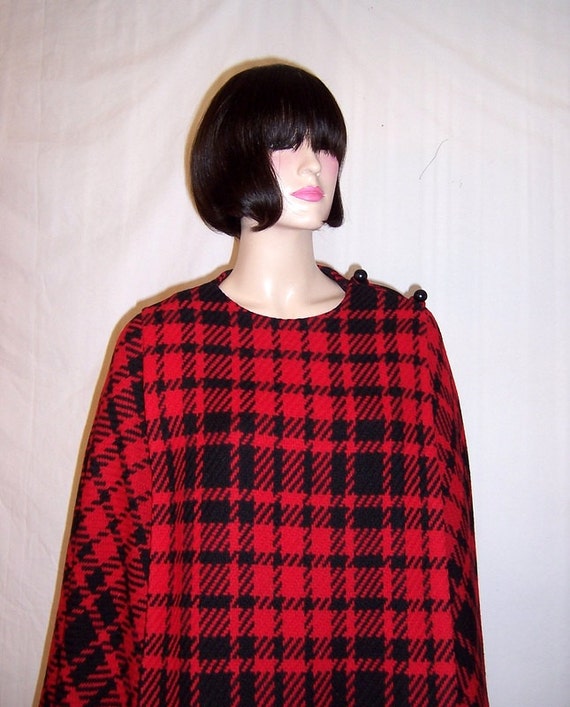 1960's Red and Black Plaid Cape and Skirt Ensemble - image 1