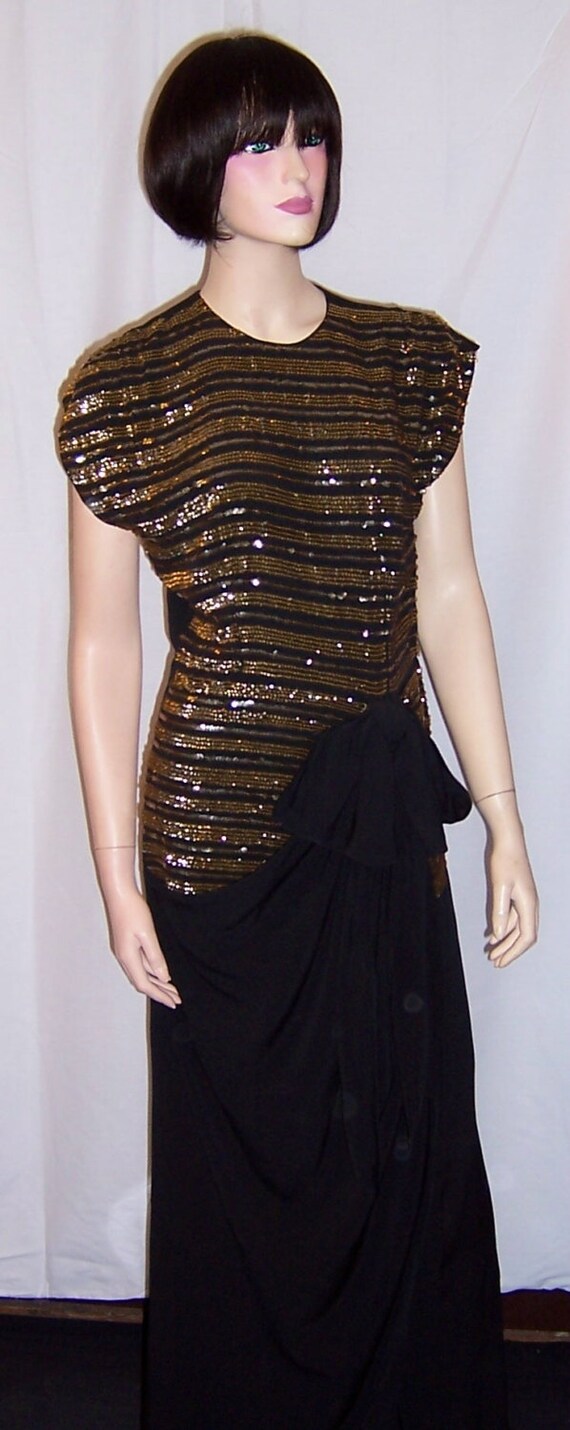 1940's Black Crepe and Gold Sequined Gown - image 1