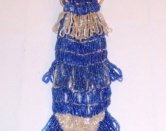 1920's Cobalt Blue and White Glass Beaded Drawstring Handbag-Czechoslovakia