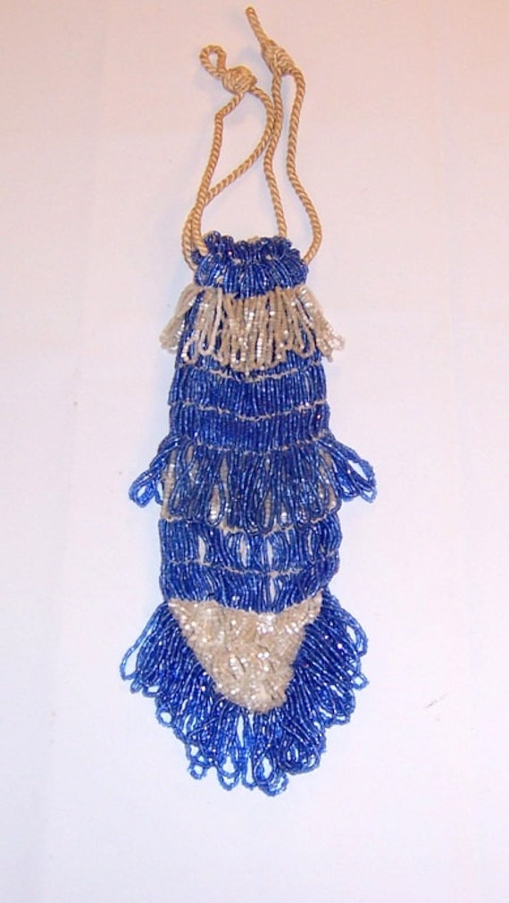 1920's Cobalt Blue and White Glass Beaded Drawstri