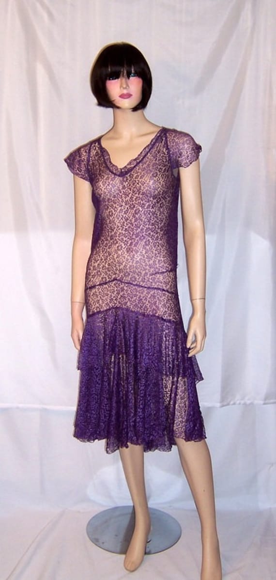 1920's Art Deco Aubergine Lace Gown with Double Ru