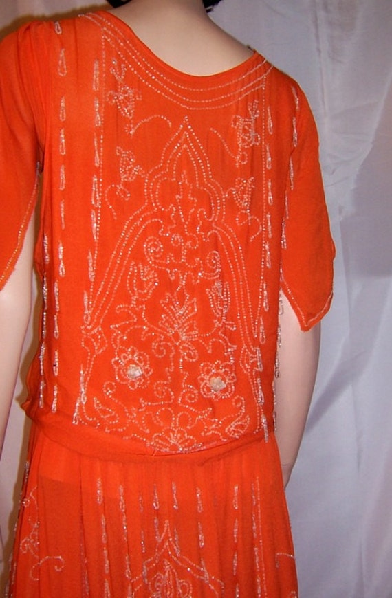 Early 1920's Vivid Orange Gown with White Beadwor… - image 5