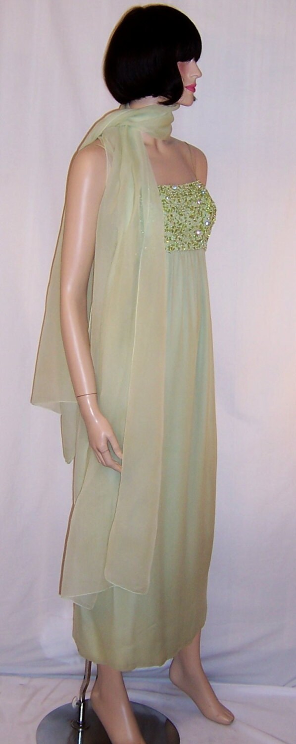 Pale Green Chiffon Gown With Sequined and Beaded Bodice and Matching Chiffon Shawl - Etsy