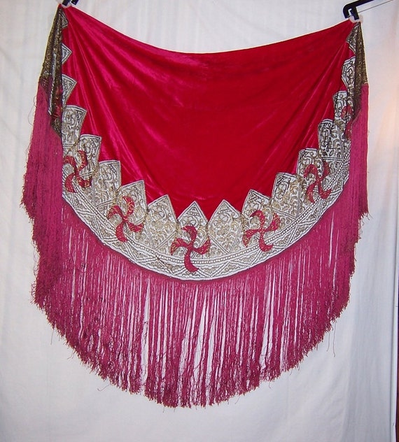 1920's Cerise-Colored Silk Velvet Shawl with Meta… - image 5