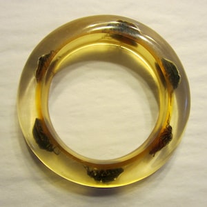 Pode incluir: Um bracelete de plástico amarelo transparente com vários insetos secos embutidos dentro.